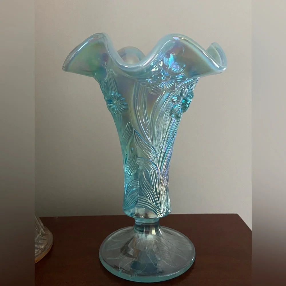 Fenton Carnival Glass Vase Daffodil Iridescent Aqua Blue Opaline w/Sticker